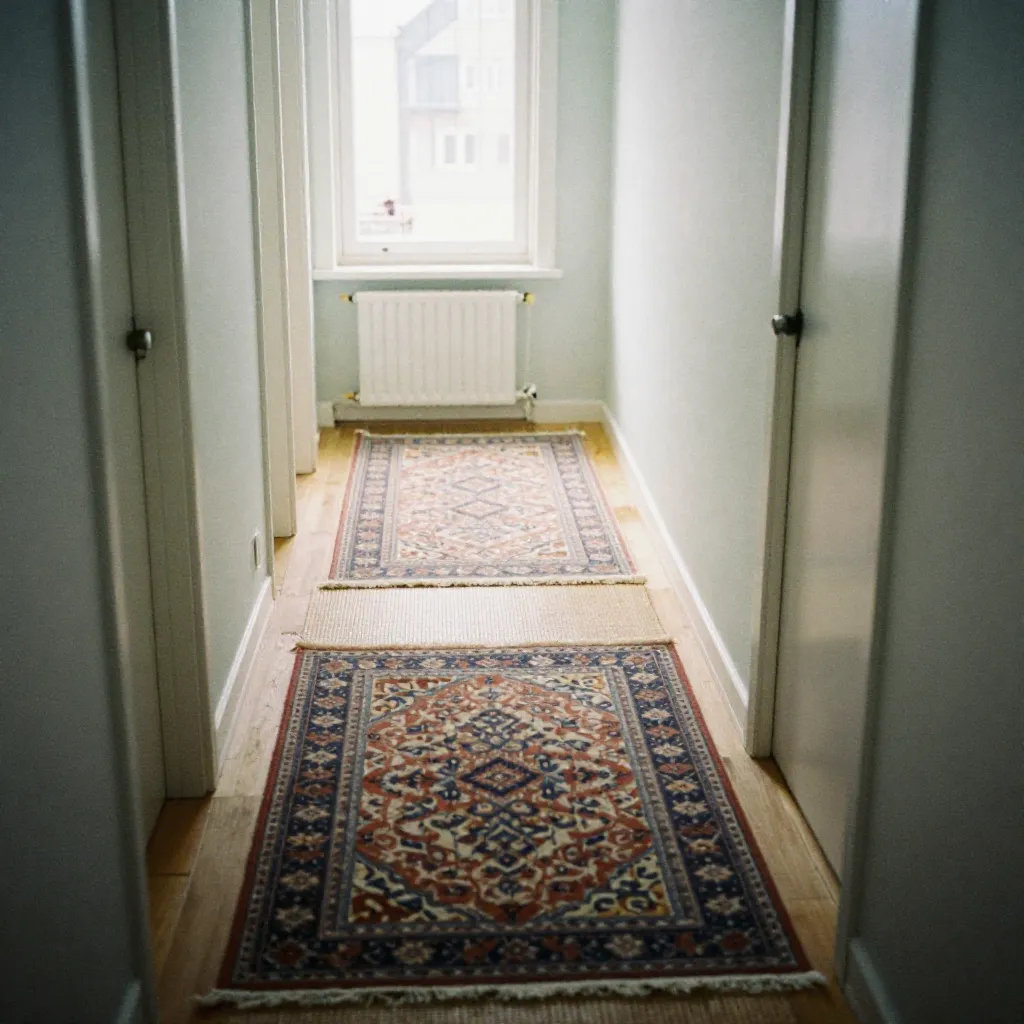 Fredelig balkong med utendørsteppe